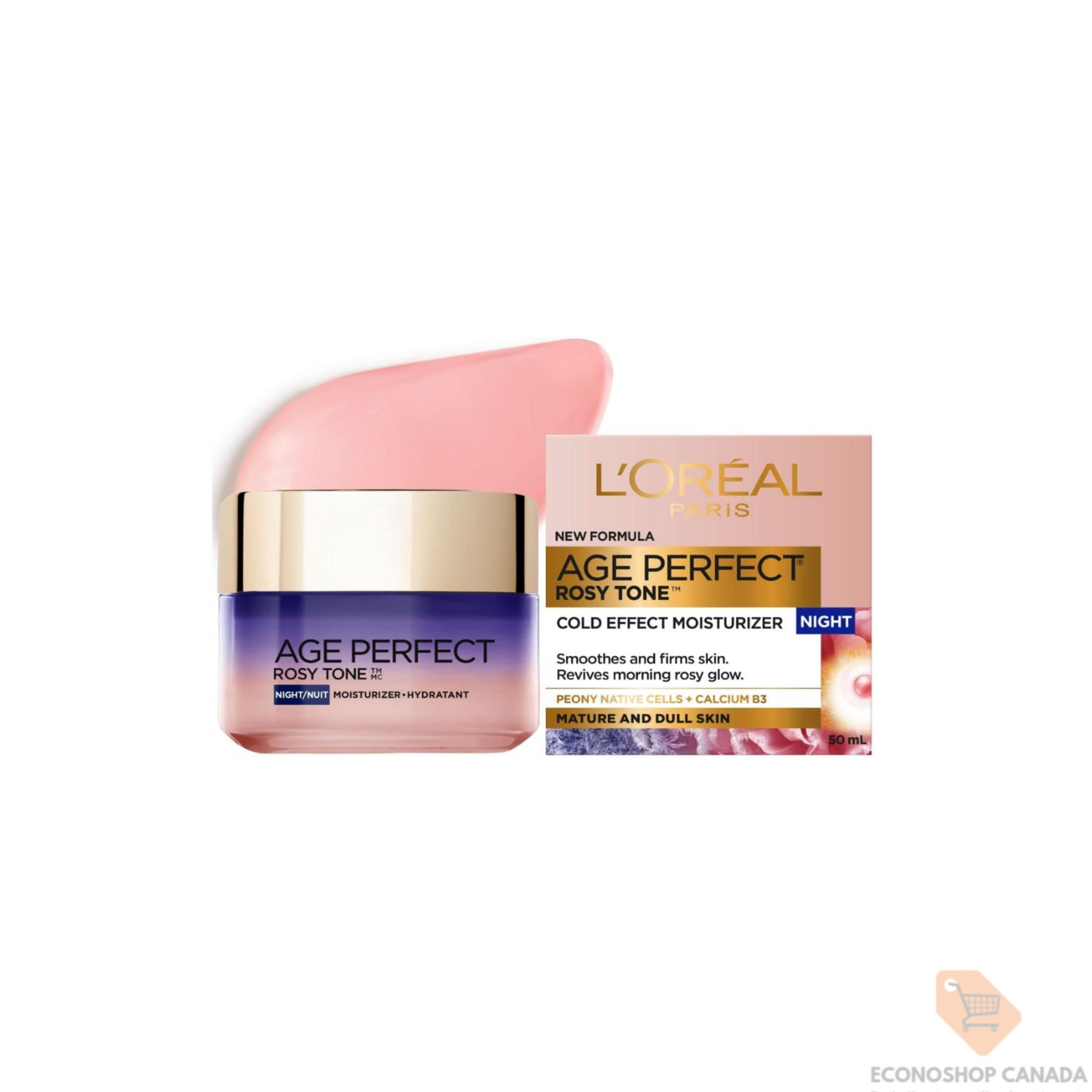 Crème hydratante effet froid de nuit de L'Oréal Paris, Age Perfect Rosy Tone, avec extrait de pivoine impériale + calcium B5, pour les soins de la peau des peaux matures
